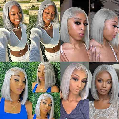 Grey Bob Wig Human Hair 180% Density 13x4 Transparent Lace Frontal Human Hair Wigs for Black Women Pre Plucked 100% Brazilian Virgin Human Hair 8 Inch Grey Color Glueless Short Bob Wig
