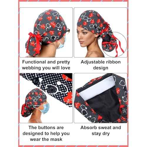 6 Pcs Satin Lined Scrub Caps Women Nurse Surgical Hat with Buttons Ponytail Working Adjustable Pouch Tie Back