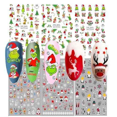 Griinch Nail Art Stickers Decals 7 Sheets, Christmas Nail Stickers for Nail Art Design Holiday Decoration Accessories for Women Girls Kids 3D Self-Adhesive