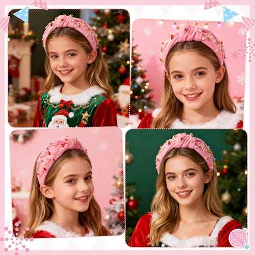 PANTIDE Christmas Jeweled Knotted Headband - Xmas Candy Cane Rhinestone Crystal Pearl Embellished Headband None Slip Wide Top Knot Fashion Hairband Hair Accessories Birthday Gift for Women Girl (Pink)