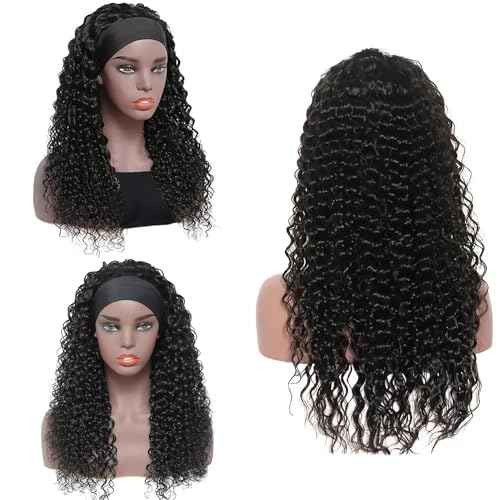 Headband Wig Deep Wave Glueless Human Hair 26 Inch None Lace Front for Black Women Virgin Hair Natural Color Machine Made