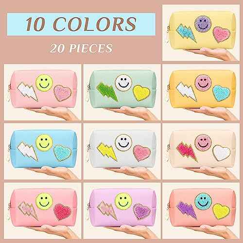Sanwuta 20 Pcs Preppy Patch Makeup Bag Bulk PU Leather Cosmetic Bags Chenille Letters Organizer Smile Lightning Heart Toiletry Pouch Waterproof Zipper Purse End of the Year Teacher Gifts for Women