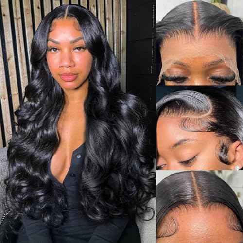 13x6 Body Wave Human Hair Lace Front Wigs 24inch 180% Density HD Lace Frontal Wigs Human Hair Pre Plucked Body Wave Lace Front Wigs for Women with Baby Hair Black Color