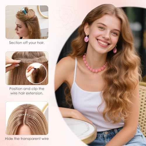 S-noilite Halo Hair Extension Invisible Wire in Real Remy Human Hair Extensions with Clips Adjustable Hidden Wire in Hair Extension for Women 16 inch Camel Bown Highlighted Blonde