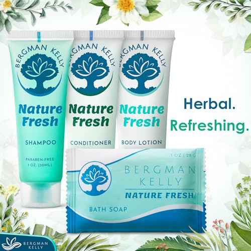 BERGMAN KELLY Hotel Toiletries Bundle (Nature Fresh, 1 oz each, 200 Pieces) 4-Piece Set: 50 Rectangular Bar Soap, 50 Shampoo, 50 Conditioner & 50 Body Lotion - Bulk Mini Guest Amenities
