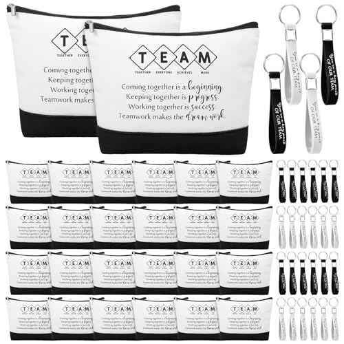 Sanwuta 48 Pcs Canvas Cosmetic Bag Bulk Appreciation Gift for Christmas Inspirational Canvas Makeup Bags Keychains Set for Teacher Employees Coworker Women (Team)