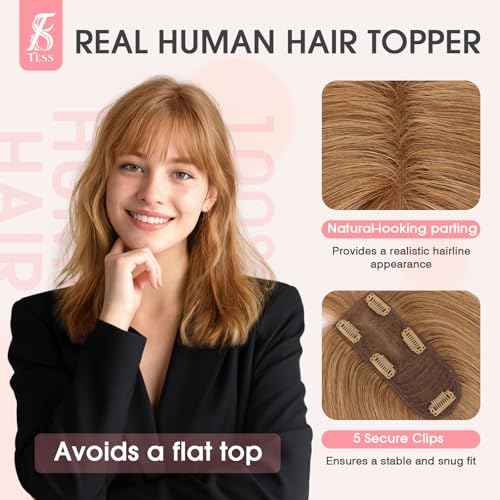 TESS Real Hair Toppers for Women Handmade Lace Base Womens Clip In Hairpieces with Bangs 5 Clips Natural Coverage Soft and Secure 2¡¿6", Light Brown