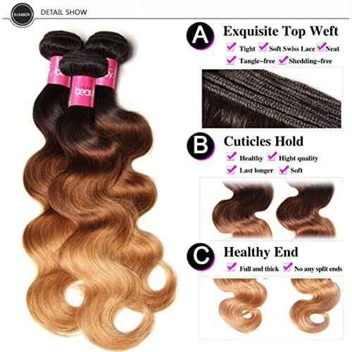 Sunber Ombre Brazilian Hair Bundles Body Wave 12A Grade Human Virgin Hair One Bundles 3 Tone 1B/4/27 Color Hair Extensions 22Inch T1B/4/27 Color