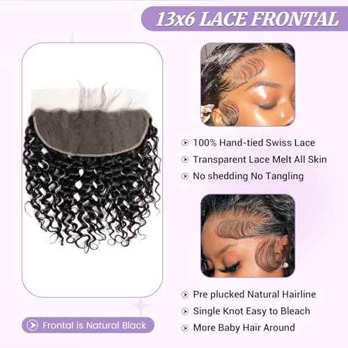 Water Wave HD Frontal 13x6 Lace Frontal Big Space Size Long Part 100% Human Hair Transparent Lace Closure Free Part From Ear to Ear Natural Black Color 22 Inch