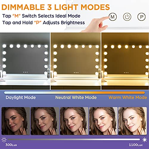 M MIVONDA Hollywood Vanity Mirror with Dimmable 15LED Bulbs Lights 3 Lighting Modes 2in1 Large Lighted Makeup Mirror for Desk and Wall with Plug-in and USB Charger Port