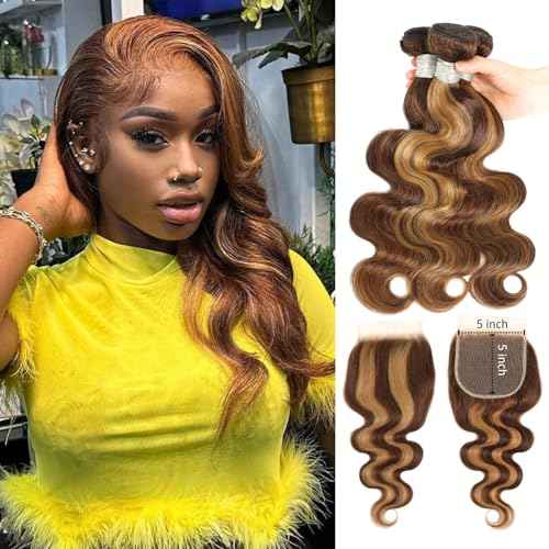 12A Highlight Honey Blonde 3 Bundles with 5x5 Closure Human Hair Body Wave, #P4/27 Ombre Brown Piano Colored Weaves Brazilian Virgin Bundles With 5x5 HD Lace Closure Pre Plucked Remy 10 12 14+10