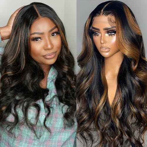 Ombre Highlight Lace Front Wigs Human Hair 13x6 Body Wave 1B/30 Lace Front Wig 180% Density HD Transparent Lace Frontal Wigs Human Hair Balayage Wig for Black Women 22 inch