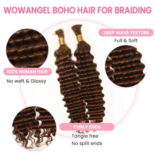 WOWANGEL Human Braiding Hair For Boho Braids 100g,100% Unprocessed Brazilian Virgin Hair, 12A Deep Wave Knotless Bohemian Bundles, Curly Hair Extensions,2 Bundles,Auburn Brown(30),24 Inch