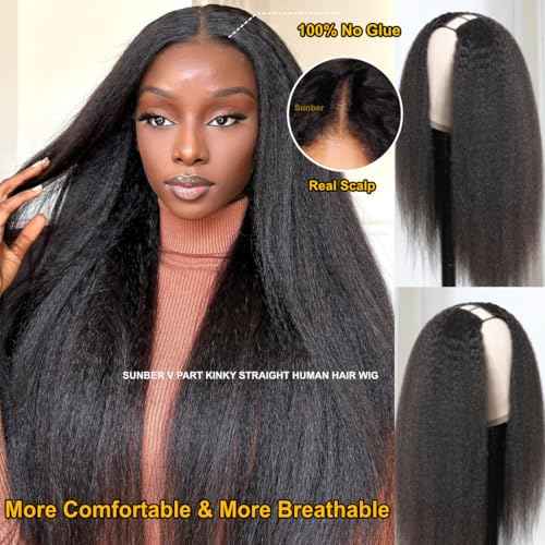 Sunber V Part Wig Human Hair Glueless Wig Kinky Straight Upgrade No Leave Out Vpart Kinky Straight Wigs 150% Density Glueless Clip in Half Wigs No Glue No Sew in Beginner Friendly 18Inch