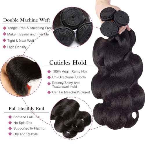 Body Wave Hair Bundles - 16 18 20 Inch | 100% Unprocessed Brazilian Virgin Human Hair | 3-Pack Quick Weave Bundles with Glossy Finish for Women