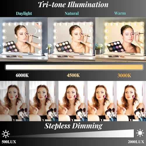 LUXFURNI Vanity Mirror with Lights, Makeup Mirrors Hollywood Mirror with 15 LED Bulbs, 3 Colors Modes & Adjustable Brightness, 10x Magnification, USB Charging