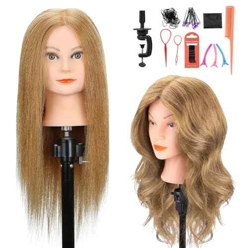 SOPHIRE 20-22 inches 100% Real Human Hair Mannequin Head with 9 Tools and Clamp, Hairdressers' Practice Training Head and Cosmotology Doll Head for Hairstyling and Braid - #27