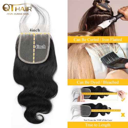 QTHAIR 16A Brazilian Body Wave Human Hair Lace Closure(20" Free Part Natural Black) 100% Unprocessed Brazilian Body Wave Virgin Hair Swiss Lace Closure 150% Density 4x4 Closure