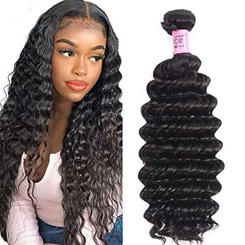 UNICE Deep Wave Human Hair Weave 1 Bundle 16 inch Unprocessed Brazilian Virgin Human Hair Sew in Extensions Natural Black Color Can be Dyed and Bleached