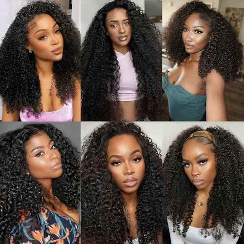 Kinky Curly Half Wig Human Hair Wear Go Glueless Wigs 20 Inch Curly 3 In 1 Half Wigs for Black Women Drawstring Seamless Flip Headband Wig Human Hair Beginner Friendly