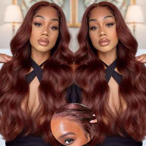 Reddish Brown Lace Front Wigs Human Hair Pre Plucked 13x6 Body Wave Lace Frontal Wigs Human Hair 26 Inch 180% Density Auburn Colored