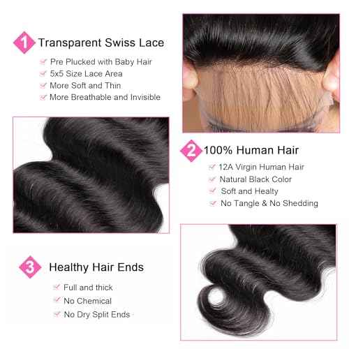 Body Wave 5x5 Transparent Lace Closure 100% Human Hair Invisible 5x5 Lace Closure 12A Brazilian Virgin Remy Human Hair Frontal Closure Pre Plucked Natural Color 20 Inch