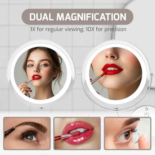 OVENTE Wall Mounted Lighted Makeup Mirror, 9" Double Sided 1X/10X Magnifying Vanity Mirror for Bathroom with LED Lights, Cordless, 360¡Æ Rotation and 13" Extendable Arm, Polished Chrome MFW85CH1X10X