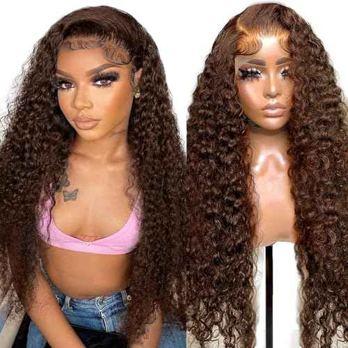 SQU&CIR Chocolate Brown Deep Wave Lace Front Wigs Human Hair 180% Density Glueless Brown Curly Wig 13X4 HD Lace for Women Colored Human Hair Wig Pre Plucked With Baby Hair 26 Inch