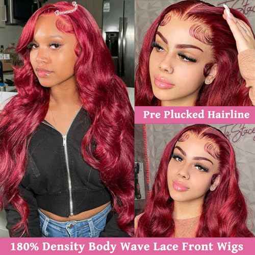 Benafee Burgundy Lace Front Wigs Human Hair 30 Inch Body Wave 99J Reddish Brown Human Hair Wig for Black Women 13x4 Long Free Part Curly Wine Red Lace Frontal Gluelss Wigs Pre Plucked Bleached Knots