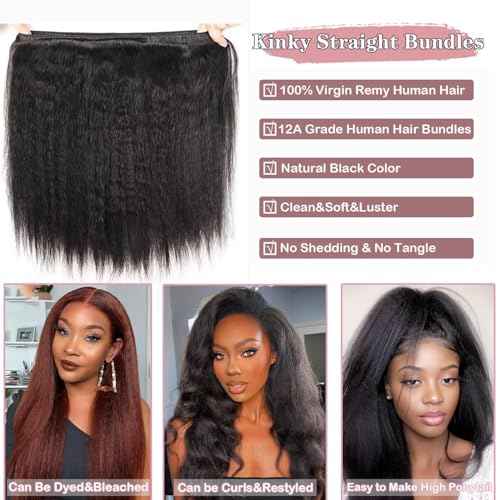 4 Bundles Kinky Straight 18 20 22 24 Inch Human Hair Yaki Straight Bundles 100% Unprocessed Weave Raw Hair 12A Brazilian Virgin Kinkystraight Natural Color Hair Extensions