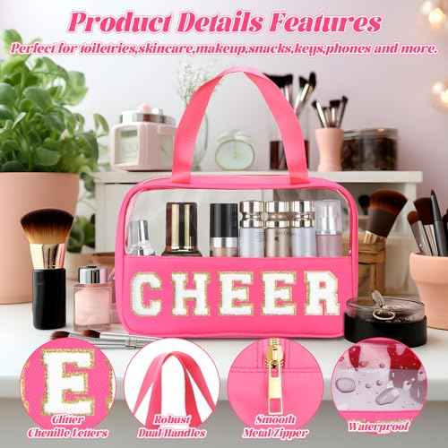 Chenille Letter Patch Clear Travel Bags, Preppy PVC&Nylon Makeup Bag with Handle and Zipper, Waterproof Large Clear Travel Toiletry Bag Storage Bag for Women Girls