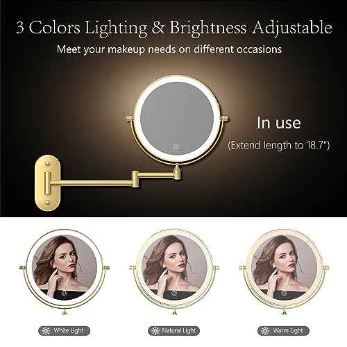 Rechargeable Wall Mounted Lighted Makeup Vanity Mirror 9 Inch Double Sided 1X 10X Magnifying Bathroom Mirror, 3 Color Lighting, Touch Screen Dimming, 360 Rotation Shaving Mirror Gold