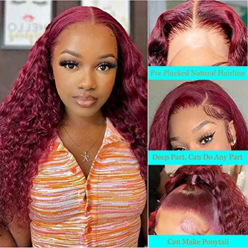 Burbundy 99j Deep Wave Curly Lace Front Wigs Human Hair Pre Plucked Red Colored Hd 13x4 Lace Frontal Wigs for Black Women Wig(99J, 28 Inch)