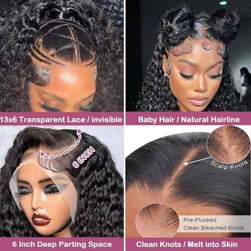 250% Density Curly HD Transparent Lace Front Wigs Human Hair Deep Wave 13x6 Lace Front Wigs Human Hair 20 Inch Bleached Knots Pre Plucked with Baby Hair for Women 100% Remy Hair Natural Color