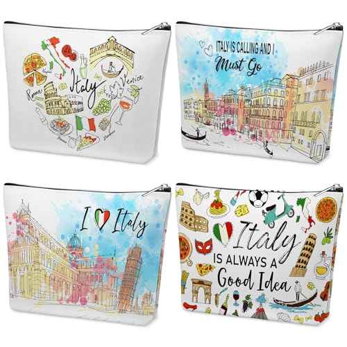 Kacctyen 4 Pack Italy Travel Gifts Cosmetic Bag for Women City Theme Makeup Bag with Zipper Italian Souvenir Gifts for Italy Lovers Travellers Women Girls