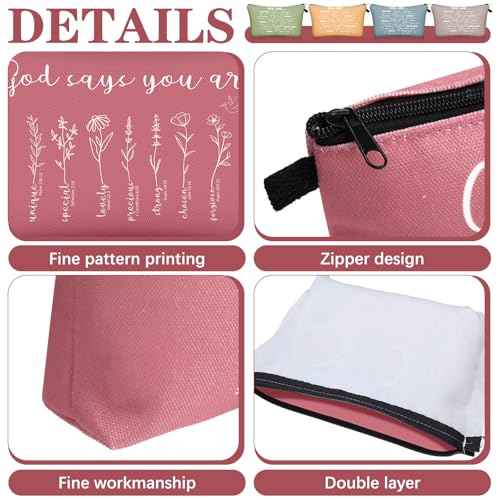 Chunful 12 Pcs Inspirational Christian Gifts Religious Makeup Bags Bulk for Women Bible Verse Flower Cosmetic Bag Thanksgiving Christmas Gift for Church Ladies, 7.48 x 4.72 Inch(Delicate)