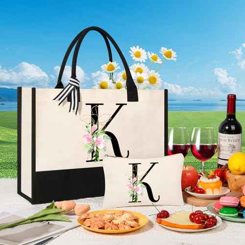 AYGE Personalized Initial Canvas Beach Tote, Monogrammed Gifts for Women, Makeup Bag, Birthday Gifts for Sister, Mom, Teacher, Bridesmaid (K)