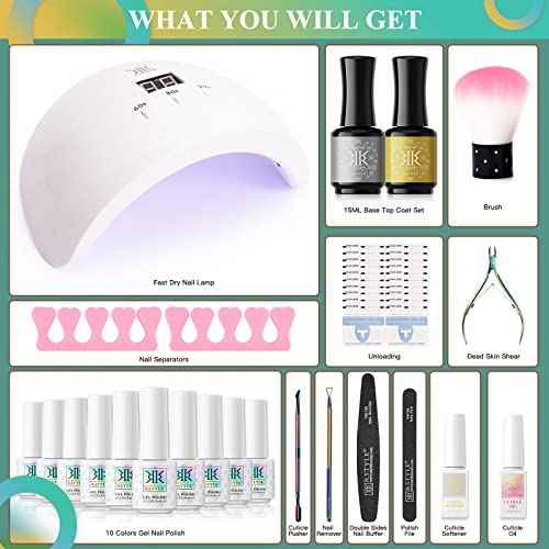 RSTYLE Gel Nail Polish Starter Kit with U V Light, 10 Colors Glitter Green Red Gold Yellow Gel Polish Kit with Base and Top Coat Manicure Tools for Home Nail Salon 5ML Tiny Bottle - Playful Life