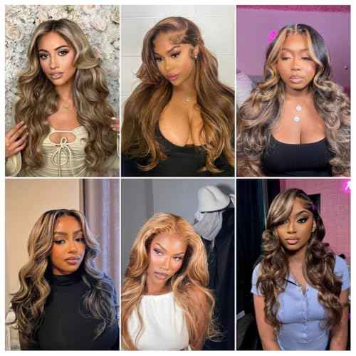 Ombre Brown Highlight Body Wave 3 Bundles with 4x4 Closure Human Hair HD Lace Free Part Soft and Glossy 12A Blonde P4/27 Color 100% Human Hair Bundles with Closure 16 18 20+14 Inch