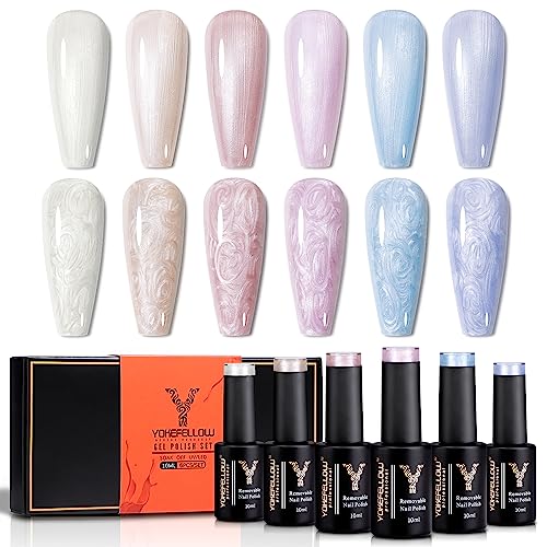 YOKE FELLOW Pearl Gel Nail Polish Set, 6 Pcs 10ML White Champange Pink Purple Blue Shimmer Mermaid Soak Off UV Led Gel Polish Shell Thread Effect for Women Girls