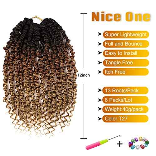 Nice One Pre-Twisted Passion Twist Hair 12 Inch, Passion Twist Crochet Hair for Women 8 Packs Ombre Brown Pre-Looped Passion Twists Braiding Hair Extensions (12 Inch (Pack of 8), T1B/30/27)
