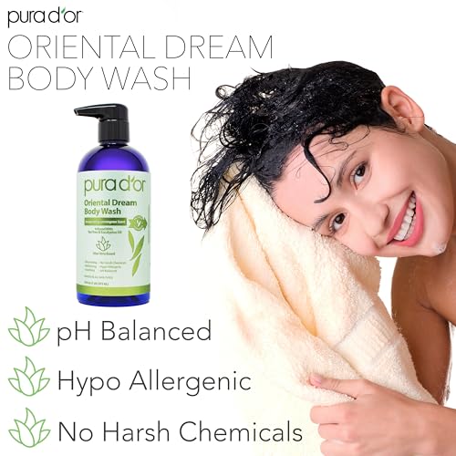 PURA D'OR 16 Oz Oriental Dream Body Wash ? Invigorating Lemongrass Scent ? Aloe Vera Based, Infused with Tea Tree & Eucalyptus Oils ? pH Balanced, Sulfate-Free, Hypoallergenic, Vegan ? For Men & Women