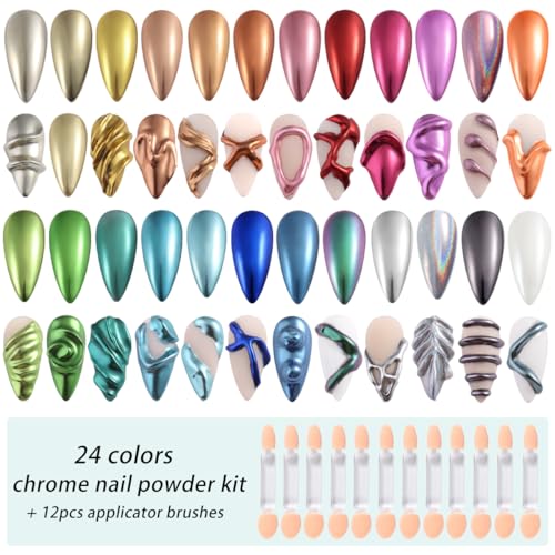 24 Colors Chrome Nail Powder Set Metallic Mirror Effect Gold Silver Pink Chrome Nail Powder White Pearl Iridescent Multi Chrome Powder for Nails Chameleon Rubbing Pigment Manicure Supplies