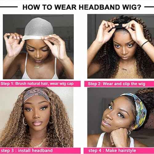 Ombre Highlight Headband Wig Human Hair #4/27 Colored Kinky Curly Headband Wig for Black Women Glueless None Lace Front Human Hair Wigs Brazilian Virgin Hair Wear and Go Wigs 150% Density 24 Inch