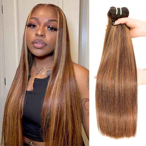 13A Double Drawn Honey Blonde Highlight Thick Raw Straight Human Hair Single Bundles 20 Inch, Ombre Brown Soft & Bouncy 100% Raw Human Hair Piano Colored P4/27 Quick Weave