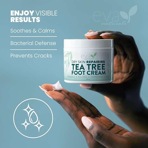 Eva Naturals Tea Tree Foot Cream ? Moisturising Foot Lotion & Balm for Dry, Cracked Heels & Feet with Peppermint, Menthol, Spearmint, Aloe, Sunflower Oil & Geranium ? Cream for Men & Women, 4 Fl Oz