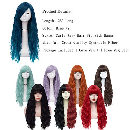 Mildiso Blue Wigs for Women 26" Long Blue Wig with Bangs Curly Wavy Natural Cute Soft Wig with Wig Net M062B