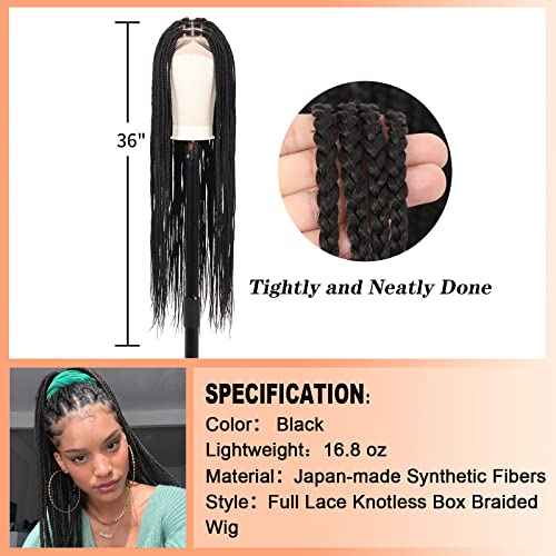 360¡Æ HD Full Lace Knotless Braided Wigs for Women Box Braid Wig with Baby Hair Braided Lace Front Wigs Premium Synthetic Braid Wig Long Black 36"