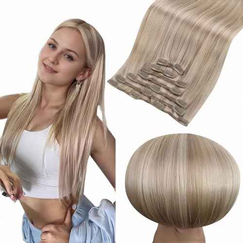 Full Shine 22 inch Blonde Hair Extensions Clip in Human Hair, Ash Blonde Highlights Clip in Hair Extensions Real Human Hair, Straight Thick Full Head 7pcs 120g