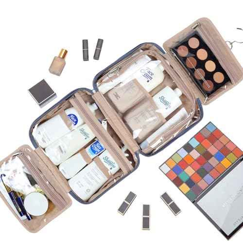 NISHEL Travel Toiletry Bag for Women Large Capacity, Makeup Essentials Organizer, Hanging Case for Accessories, Cosmetics, Aegean-Blue